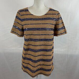 Tory Burch Almond Beaded Theresa Top Stripe Tan Navy Stripe Short Sleeve New NWT